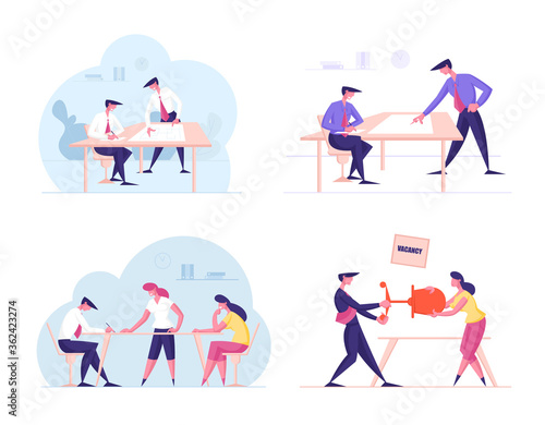 Set of Business People Discuss and Develop Project in Office, Male and Female Characters Fighting for Vacant Work Place. Teamwork, Brainstorm, Working Competition Concept. Cartoon Vector Illustration
