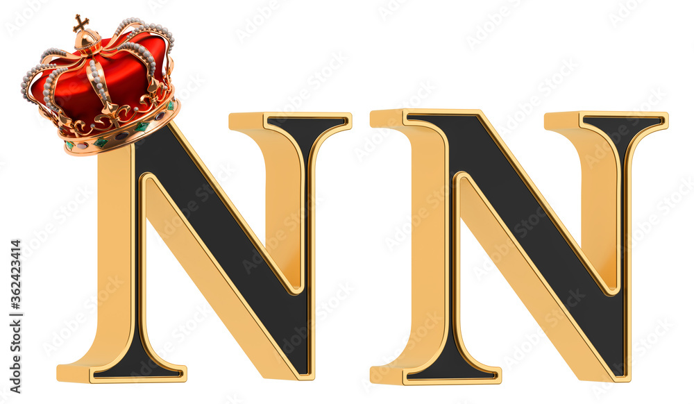 Letters N with gold crown and without, black font with golden border. 3D rendering Letters N with gold crown and without, black font with golden border. 3D rendering