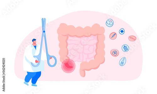 Medic Character Professional Occupation, Appendix Treatment and Aid. Doctor or Medical Nurse with Huge Surgical Clamp for Conducting Appendicitis Surgery in Hospital. Cartoon Vector Illustration