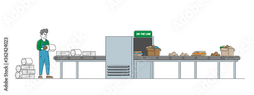 Worker Character at Factory Conveyor Belt with Old Carton Litter Turn into Clean Sheets. Garbage Manufacturing Concept. Paper Waste Recycling Technological Process. Linear People Vector Illustration