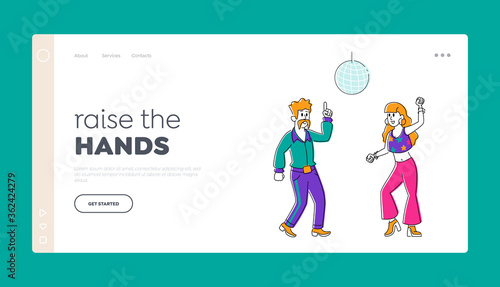 Group of People Happily Dancing Landing Page Template. Characters in Stylized Retro Costumes Dance at Disco Party. Happy Man and Woman Clubbing in Night Club, Vintage Event. Linear Vector Illustration