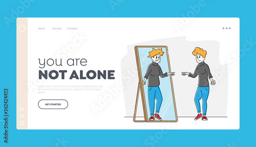 Disgust to Self Appearance, Depression, Mental Problem Landing Page Template. Female Character with Low Self-esteem Looking at Mirror See her Ugly Reflection with Old Face. Linear Vector Illustration