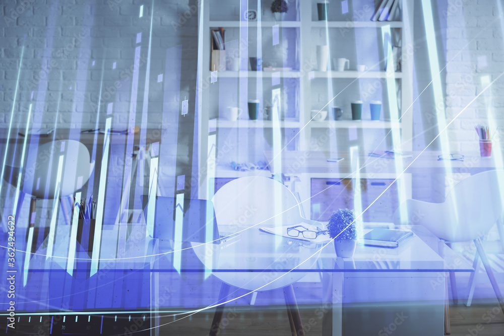 Double exposure of financial graph drawing and office interior background. Concept of stock market. Double exposure of financial graph drawing and office interior background. Concept of stock market.
