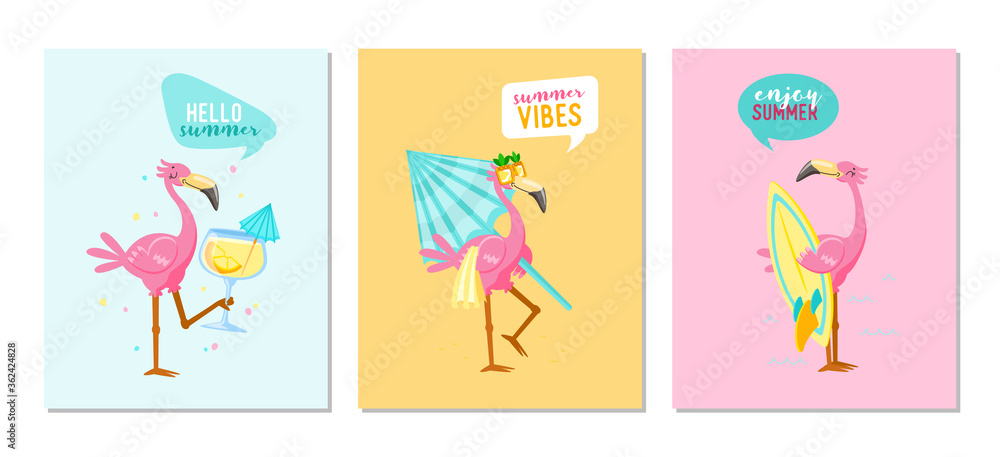Set of Summer Vibes Banners with Cute Pink Flamingo Drink Cocktail, Carry  Umbrella and Surf Board. Hello Summer Posters with Cartoon Character  Vacation Activity and Spare Time. Vector Illustration Stock Vector |