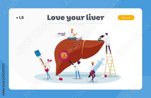 Medical Diagnosis Hepatitis B, Cirrhosis Landing Page Template. Tiny Doctor Characters Care of Huge Patient Diseased Liver, Health Care, Cancer Awareness, Treatment. Cartoon People Vector Illustration