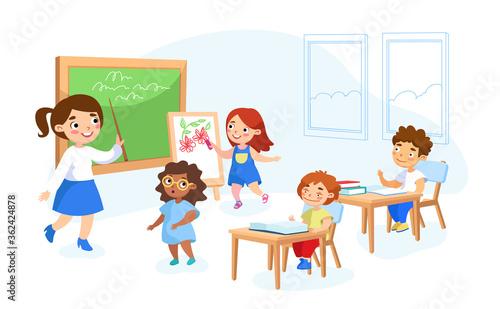 Schoolkids Characters Get Education. Back to School Concept with Children and Teacher. Young Woman at Blackboard in Classroom Explain Lesson to Kids Sitting at Desk. Cartoon People Vector Illustration