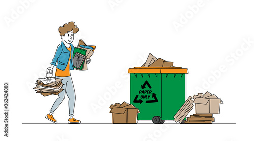 Waste Reuse Solution. Female Character Throw Paper Trash into Litter Bin Container with Recycling Sign. Ecology Protection, Woman Eco Activist Earth Pollution Problem Solve. Linear Vector Illustration