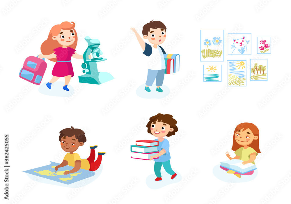 Back to School Set of Children with Studying Supplies, Microscope, Books and Backpacks. Students Characters Reading, Prepare to Exam, Learning Process in College. Cartoon People Vector Illustration Back to School Set of Children with Studying Supplies, Microscope, Books and Backpacks. Students Characters Reading, Prepare to Exam, Learning Process in College. Cartoon People Vector Illustration