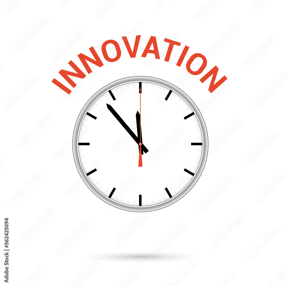  Vector illustration of clock icon. Red arrow points to word INNOVATION. Conceptual icon.