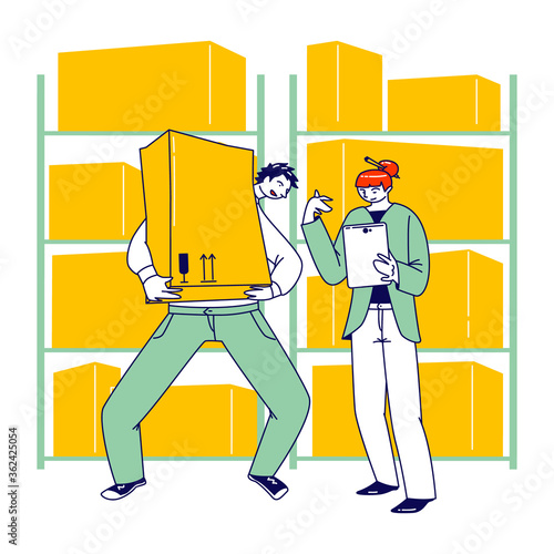 Inventory Manager Characters Accounting Goods Lying in Carton Boxes on Rack in Warehouse. Post Office, Store or Stock Production Assortment. Storehouse Distribution. Linear People Vector Illustration