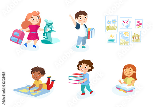 Back to School Set of Children with Studying Supplies, Microscope, Books and Backpacks. Students Characters Reading, Prepare to Exam, Learning Process in College. Cartoon People Vector Illustration