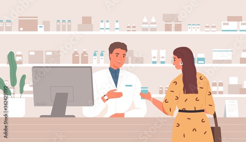 Smiling male pharmacist consulting female customer standing at counter in pharmacy vector flat illustration. Friendly woman buying remedy at drugstore. Client and druggist at pharmaceutical shop