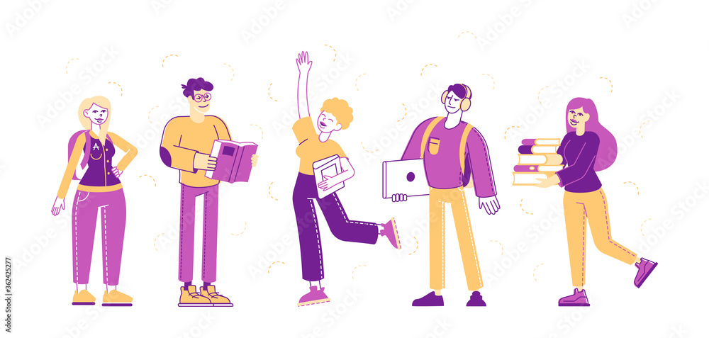 Students Characters Set. Young People Studying Isolated on White Background. Girls and Boys with Laptops and Books Prepare to Exam. Distance Learning, Online Courses. Linear People Vector Illustration