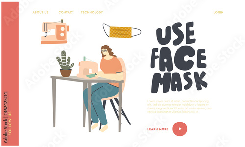 Volunteer Using Machine Making Protective Masks Landing Page Template. Female Character Sewing Medical Masks at Home during Covid19 Pandemic Quarantine Self Isolation. Linear Vector Illustration