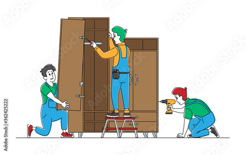 Carpenter Men Characters with Electric Drill and Instruments Assemble Furniture. Carpentry Repairmen with Tools Assembling Home Cupboard, Repair Woodwork Concept. Linear People Vector Illustration