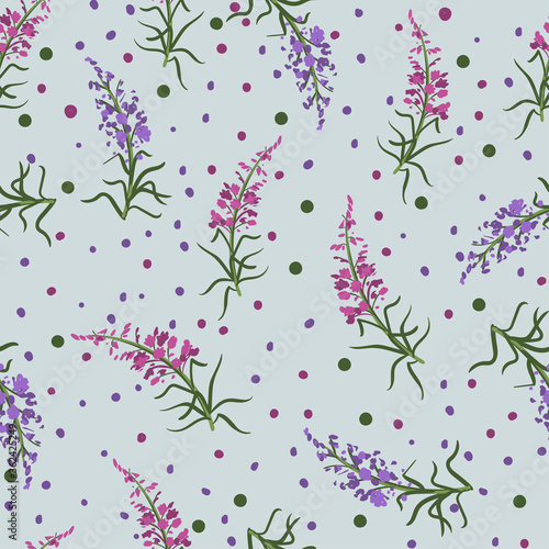 Seamless floral pattern with branches of fireweed flowers. Ivan Chai. Hand drawn botanical illustration isolated on light blue background, texture for wallpaper, textile, package tea