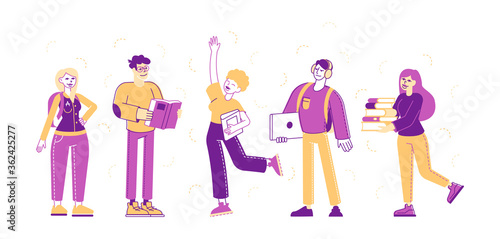 Students Characters Set. Young People Studying Isolated on White Background. Girls and Boys with Laptops and Books Prepare to Exam. Distance Learning, Online Courses. Linear People Vector Illustration