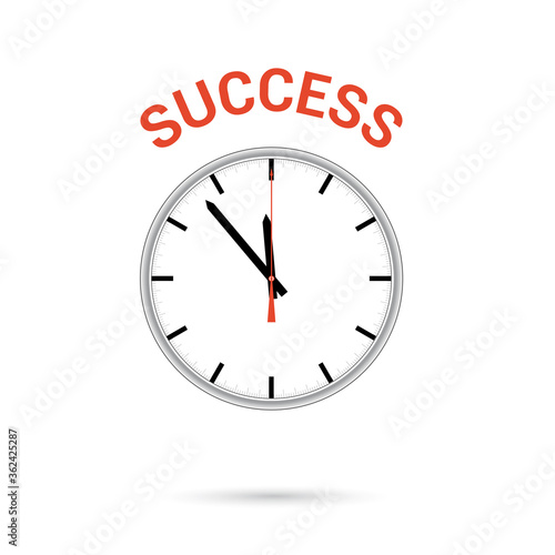 Vector illustration of clock icon. Red arrow points to word SUCCESS. Conceptual icon.