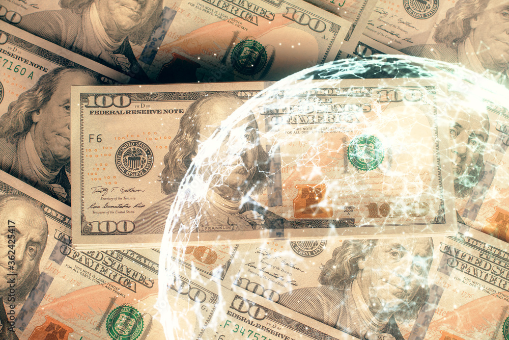 Multi exposure of social network drawing over us dollars bill background. Concept of people connection. Multi exposure of social network drawing over us dollars bill background. Concept of people connection.