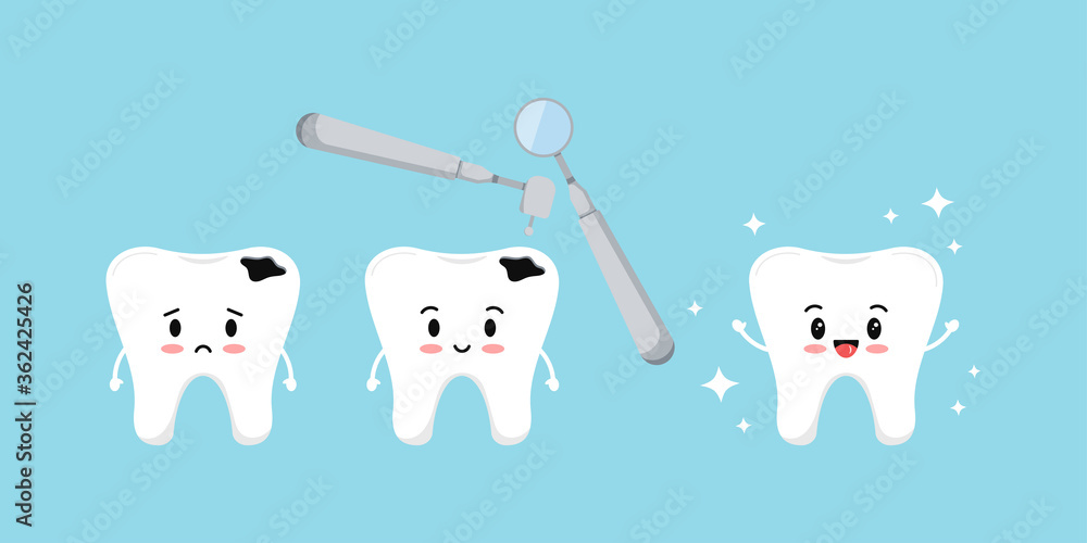Treatment tooth with decay concept. Cute kawaii teeth emoji on different stages of dental caries
