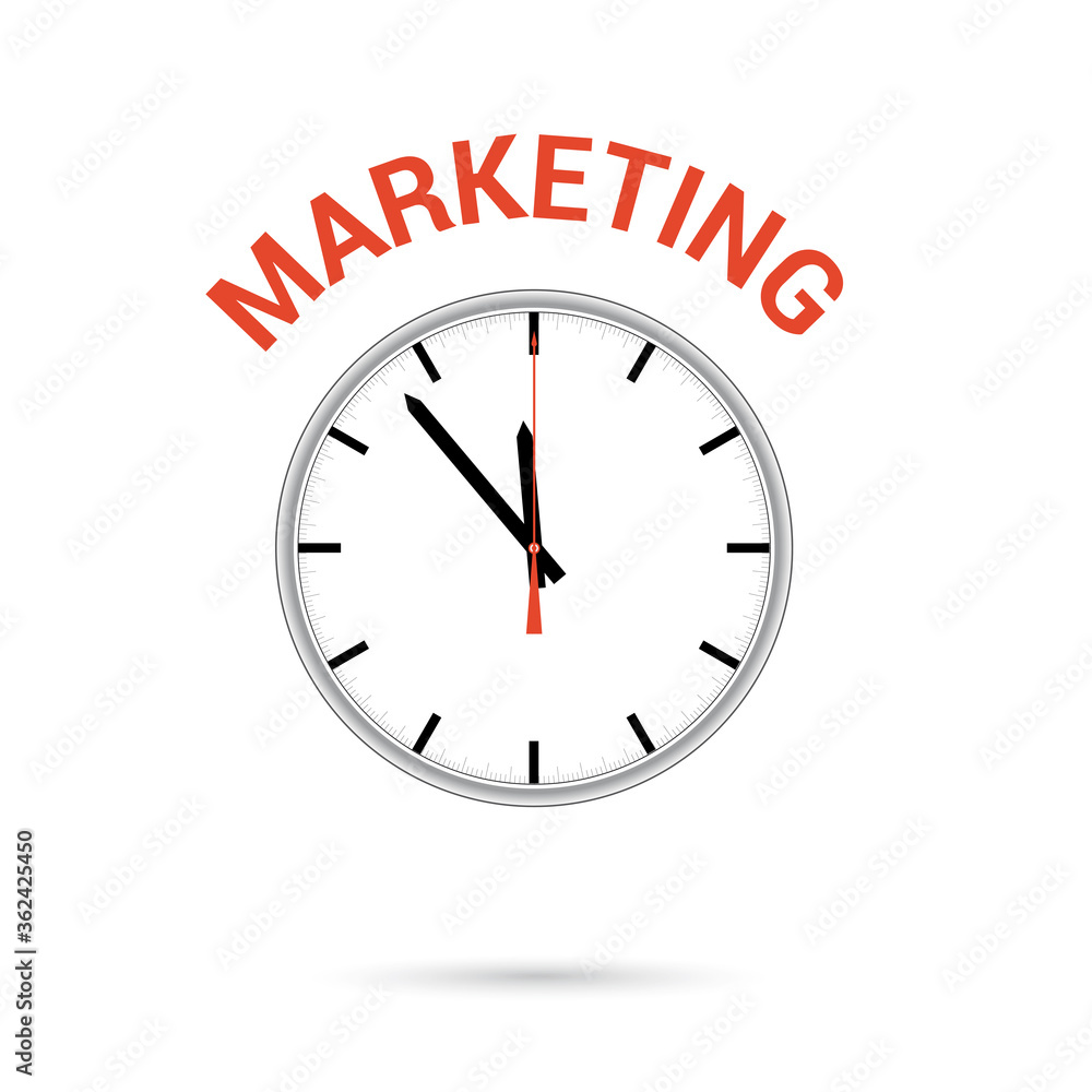 Vector illustration of clock icon. Red arrow points to word MARKETING. Conceptual icon. Vector illustration of clock icon. Red arrow points to word MARKETING. Conceptual icon.