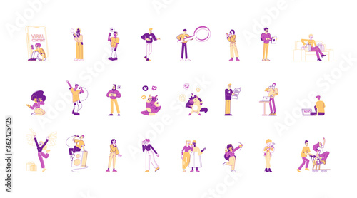 Set of Male and Female Characters Having Fun. People Using Gadgets, Singing in Karaoke and Watching News, Shopping, Enjoy Social Media Viral Content and Web Communication. Linear Vector Illustration