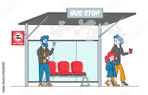 Woman Character Walk with Daughter Displeased with Man Smoke in Public Place, Mother Angry on Smoker, Second Hand Passive Smoking Social Problem, Unhealthy Lifestyle. Linear People Vector Illustration