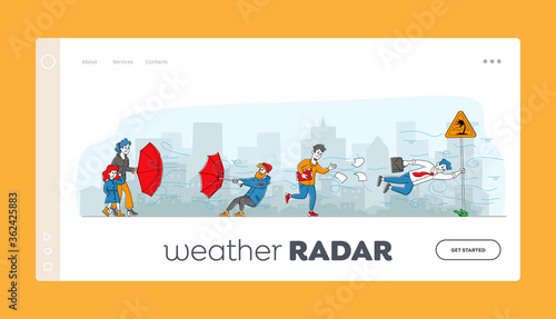 Characters Fighting with Strong Wind Landing Page Template. Person Hang on Road Sign, Man with Destroyed Umbrella Protect from Storm. Businessman with Scattered Docs. Linear People Vector Illustration