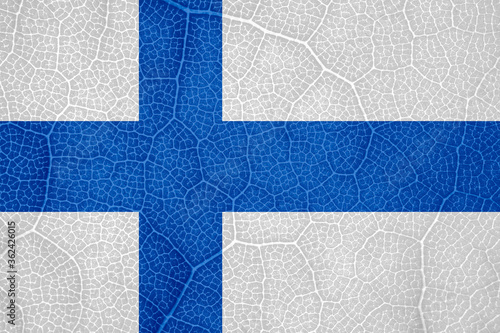 flag of Finland on the structure of a tree leaf macro
