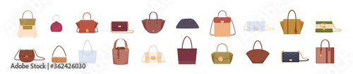 Set of colorful stylish cartoon women bags isolated on white background. Collection of luxury modern leather accessory, cross body, purses, clutches, tote, hobo, handbag flat vector illustration