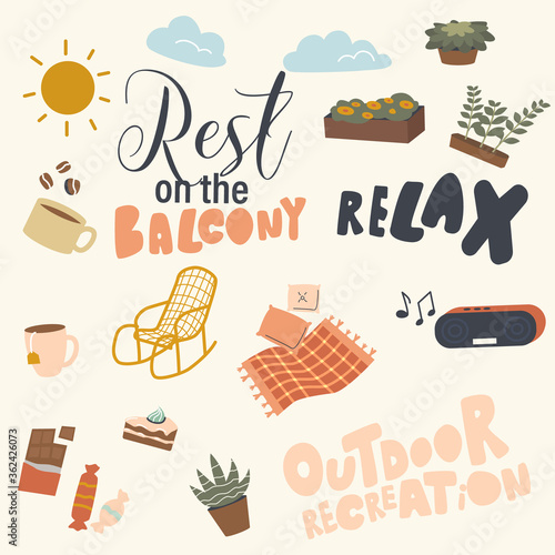 Set of Balcony Relax Things, Ornament for Cloth or Wrapping Paper. Blanket, Pillow and Rocking Chair, Decorative Potted Plants, Tea and Coffee Cups, Tape Recorder. Linear Vector Illustration, Icons