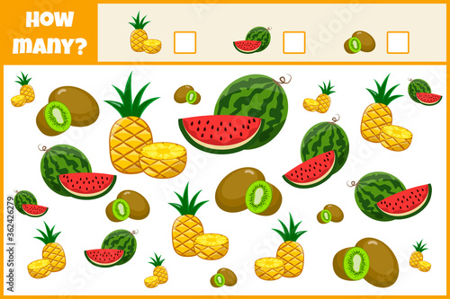 Fototapeta Naklejka Na Ścianę i Meble -  Educational mathematical game. Count the number of fruits. Count how man fruits. Counting game for children.
