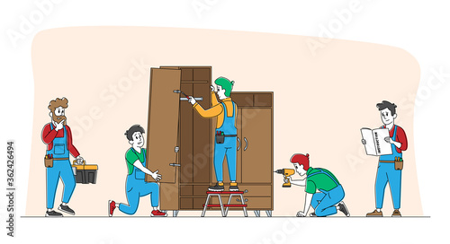 Furniture Assembling Workers Repair and Installation Works. Carpenter and Craftsman Characters Assembly Wardrobe with Shelves Using Drill, Screwdriver and Tools. Linear People Vector Illustration