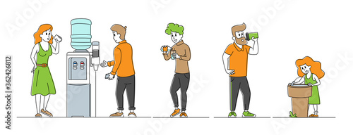 Thirsty People Drink Fresh Water Concept. Male and Female Characters Adults and Child Drinking Cold Aqua from Cooler, Little Girl Refreshing at Street Fountain, Hydration. Linear Vector Illustration