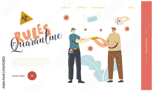 Police Patrol Control People Landing Page Template. Police Woman Fine Male Character who Violate Isolation and Mask Regime at Covid19 Pandemic Quarantine Virus Spreading. Linear Vector Illustration