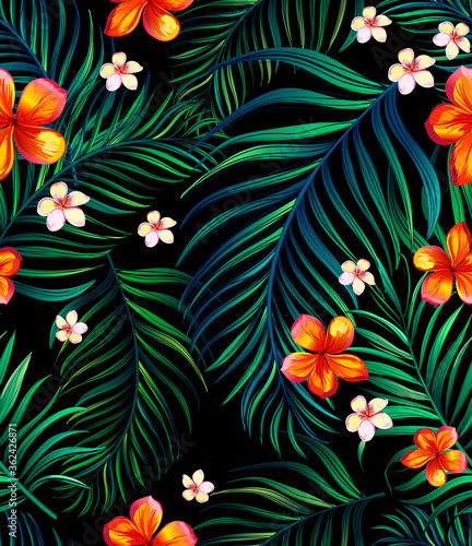 Tropical vector seamless background. Jungle pattern with exitic flowers, and palm leaves. Stock vector. Jungle vector vintage wallpaper