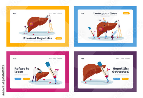Medical Diagnosis Hepatitis B, Cirrhosis Landing Page Template Set. Tiny Doctor Characters Care of Huge Patient Diseased Liver, Health Care, Awareness, Treatment. Cartoon People Vector Illustration