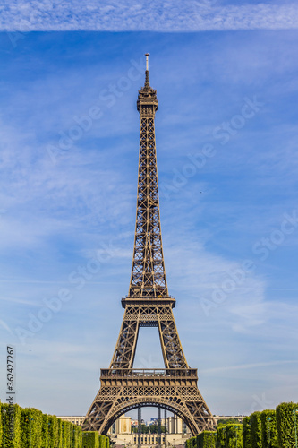 Eiffel Tower (La Tour Eiffel) located on Champ de Mars in Paris, named after engineer Gustave Eiffel. Eiffel Tower is tallest structure in Paris and most visited monument in world. Paris, France.
