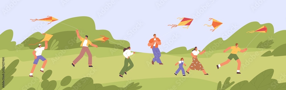 Happy people and children run and fly colorful summer kites in green park, playing in the wind. Concept of freedom and happiness. Having fun, enjoy life outdoors in cartoon flat vector illustration