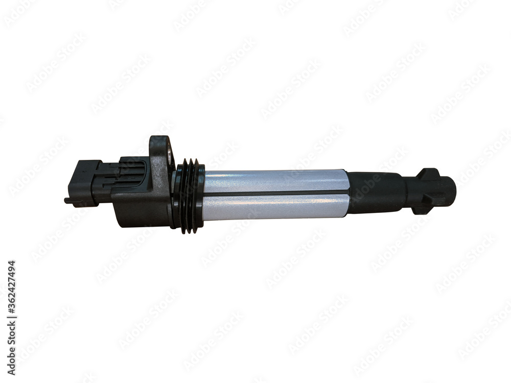 New car ignition coil on an isolated white background. Component of the ignition system. Spare parts. New car ignition coil on an isolated white background. Component of the ignition system. Spare parts.