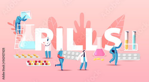 Pills Producing Concept. Tiny Pharmacist Characters with Huge Medical Production, Beakers and Tablets, Pharmaceutical Industry Medical Drugs Producing Poster Banner Flyer. Cartoon Vector Illustration