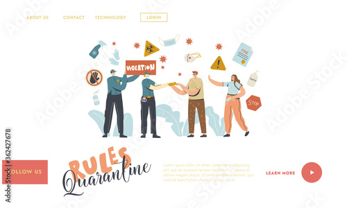 Quarantine Penalty Landing Page Template. Policemen Characters Check People on Street during Covid19 Pandemic. Quarantined Persons without Medical Mask Speak with Police. Linear Vector Illustration