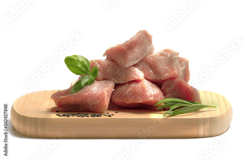 fresh pork pulp on a wooden basement on a white background