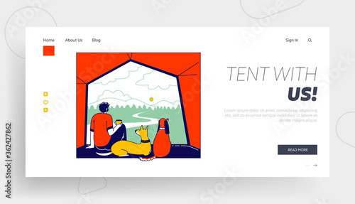 Tourist Travel with Home Animals Landing Page Template. Male Character with Pets Cat and Dog Sit inside of Camping Tent Enjoying Drinking Coffee and Scenic Landscape View. Linear Vector Illustration