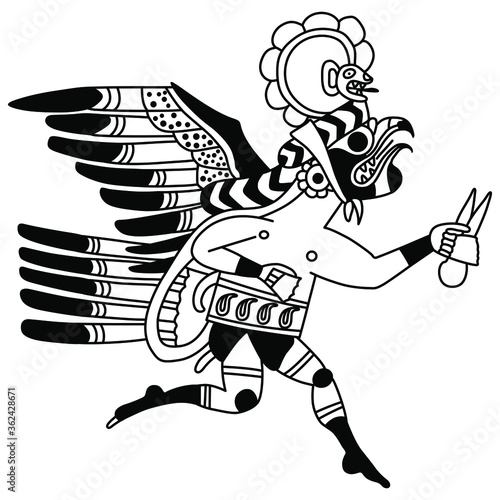 Running anthropomorphic eagle. Ancient Peruvian Native American art of Mochica or Moche Indians. Black and white silhouette.