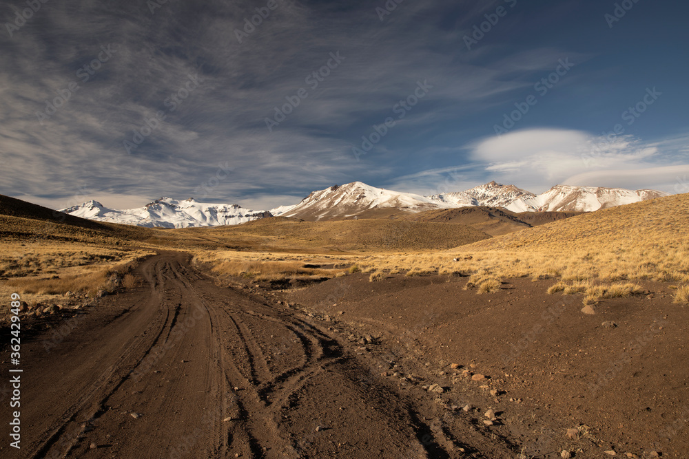 Adventure. Traveling along the dirt road across the yellow meadow, towards volcano Domuyo in the snowy mountains.