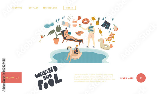 Pool Party Relax, Swim and Drink Summer Activity Landing Page Template. Characters in Swimming Pool Drinking Cocktails, Reading Book and Floating Inflatable Ring. Linear People Vector Illustration