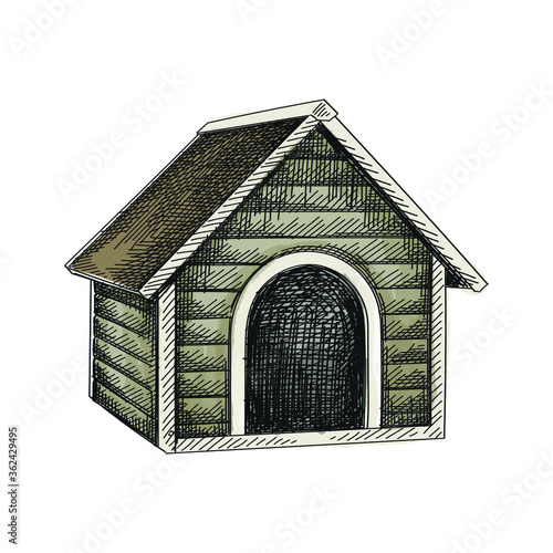 Colorful watercolor Hand-drawn sketch of Wooden Dog House on a white background. Wooden Dog House. Pet supplies. Care for home animals.	