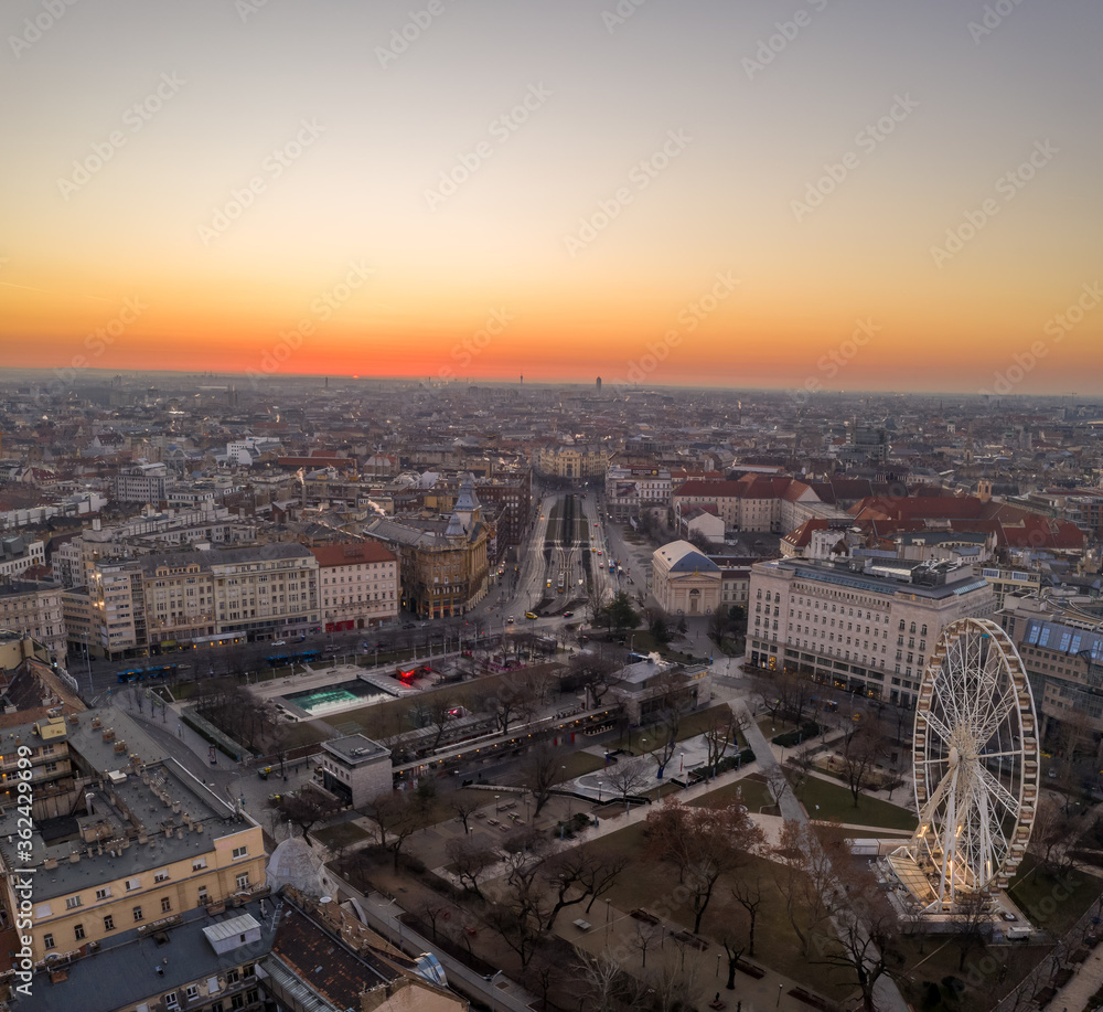 Aerial drone shot of Erzsebet ter Square at dawn in budapet downtown
