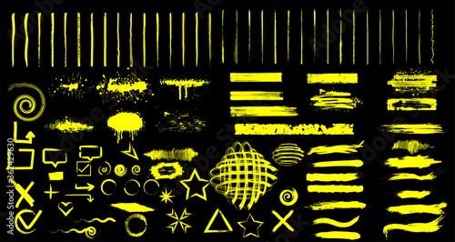 Creative vector collection illustration of stain strokes, hand drawn yellow highlight japan marker lines. Highlighter marks. Hand drawn yellow highlight marker signs.Abstract graphic stylish element.